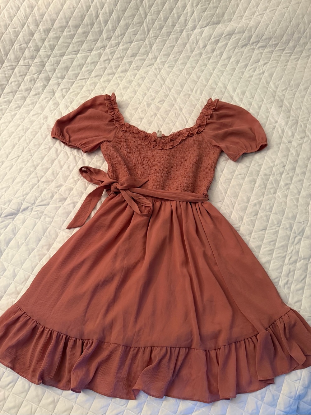 Smocked Rust Midi Dress with Waist Tie